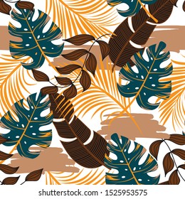 Seamless tropical pattern with bright blue and brown leaves and plants on black background. Beautiful print with hand drawn exotic plants. Colorful stylish floral.