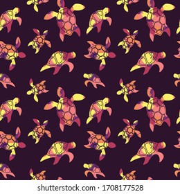 seamless tropical pattern with bright colorful silhouettes of turtles on a maroon background. Modern abstract design for packaging, paper, cover, fabric, interior decor