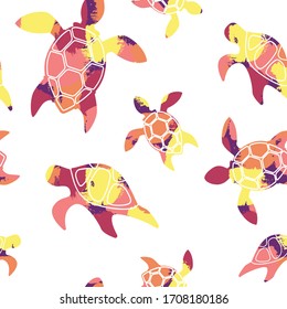 seamless tropical pattern with bright colorful silhouettes of turtles on a white background. Modern abstract design for packaging, paper, cover, fabric, interior decor