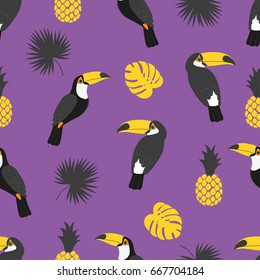 Seamless tropical pattern in bright colors. Vector background with toucans, pineapples and palm leaves.