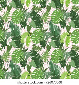 Patrón tropical sin foco con un follaje exótico brillante sobre el fondo de geometría étnica. Ilustración del vector