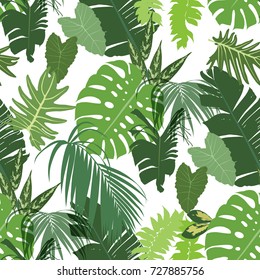 Seamless tropical pattern with bright exotic foliage on white background. Vector illustration