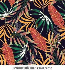 Seamless tropical pattern with bright leaves, flowers and plants on a dark background. Vector design. Jungle print. Floral background. Printing and textiles. Exotic tropics. Summer design.