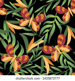 Seamless tropical pattern with bright leaves, butterflies and plants on black background. Vector design. Jungle print. Floral background. Printing and textiles. Exotic tropics. Summer design.