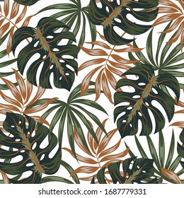 Seamless tropical pattern with brown and green plants on a white background. Vector background for various surface. Jungle leaves. Botanical pattern. Exotic wallpaper, Hawaiian style.