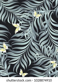 Seamless tropical pattern with butterflyes, palm leaves and flowers. Vector illustration. ESP10.