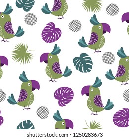Seamless tropical pattern with cartoon parrots and palm leaves.