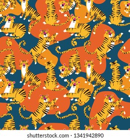 Seamless tropical pattern with cartoon tigers. Trendy style
