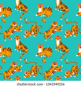 Seamless tropical pattern with cartoon tigers. Trendy style