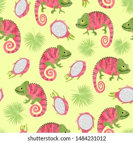 Seamless tropical pattern with chameleons and dragon fruits.