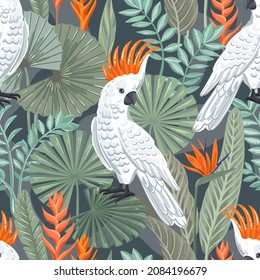 Seamless tropical pattern with a cockatoo and exotic leaves. White birds on a dark background. Modern vector illustration.