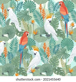 Seamless tropical pattern with a cockatoo, macaw parrot, and exotic plants. Birds and flowers on a pastel background. Modern vector illustration.