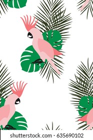 Seamless tropical pattern with cockatoo and palm leaf. Summer pattern