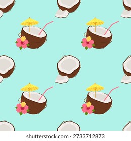 Seamless tropical pattern with coconut cocktail in shell on turquoise background. Summer vacation, exotic drink. Pina Colada with tropical flower and cocktail umbrella.