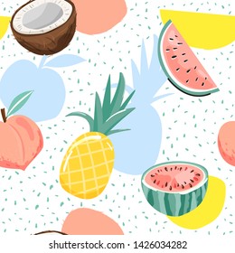 Seamless tropical pattern with coconut, watermelon, peach and pineapple. Creative contemporary collage. Texture for textile, wrapping paper, packaging etc. Vector illustration on abstract background.