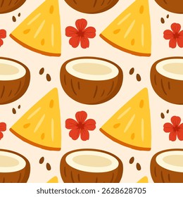 Seamless tropical pattern with coconuts, pineapple slices and flowers. Cute summer design in cartoon style. Perfect for fabric, wrapping paper and beach themed products
