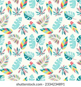 Seamless tropical pattern with colored tropical leaves