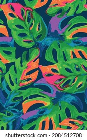 sin costura trópica con coloridas hojas de palmera artística y monstera sobre fondo oscuro.  Diseño de vectores. Impresión de la jungla. Fondo floral para imprenta y textiles. Tropos exóticos
