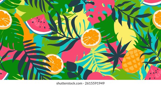 Seamless tropical pattern with colorful fruits and jungle leaves. Includes watermelon, orange, pineapple, and exotic foliage. Bright, fun, summer vibe for fabric, wallpaper, or wrapping.