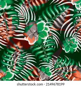 patrón tropical sin fisuras con coloridas plantas de flores de jazmín y follaje sobre fondo abstracto. patrón de hojas de palma naturales. fondo de pantalla de hoja de coco. Fondo floral. Tropos exóticos. Diseño de verano
