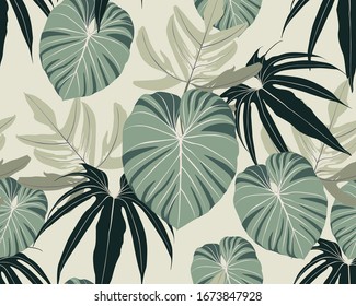 Patrón tropical sin inconvenientes con hojas y plantas coloridas. Diseño exótico sin inconvenientes con plantas tropicales. Papel pintado exótico. Impresión Hawaii de verano de moda.