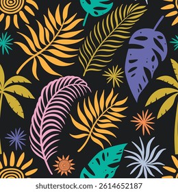 Seamless Tropical Pattern with Colorful Leaves and Sun Icons – Vibrant Summer Jungle Design