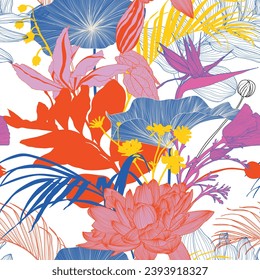 Patrón tropical sin foco con hojas de línea coloridas y flores. Sensación exótica y exótica de plantas tropicales. Papel de pared exótico. Impresión Hawaii de verano de moda.