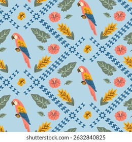 Seamless tropical pattern with colorful macaws, hibiscus flowers, palm leaves, and ethnic geometric elements on a light blue background.