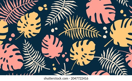 Patrón tropical sin foco con hojas coloridas de palma y monstera