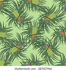 Seamless tropical pattern with colorful parrot bird sitting on the perch with palm leaves. Design for exotic tourism, brasilia, caribbean forest