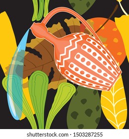 Seamless tropical pattern. Colorful tropical poster design. Exotic leaves, flowers, plants and branches art print. Jug of water. For printing on Wallpaper and fabrics.