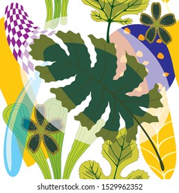 Seamless tropical pattern. Colorful tropical poster design. Exotic leaves, flowers, plants and branches art print. For printing on Wallpaper and fabrics.