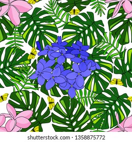 Seamless tropical pattern with colourful flowers and green leaves