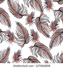 Seamless tropical pattern in coral palm leaves and monstera. Tropical background for textile, wallpaper, pattern fills, covers, surface, print, wrap, scrapbooking.