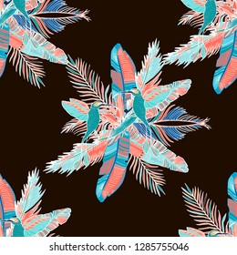 Seamless tropical pattern in coral palm leaves, exotic flowers, humming birds and monstera. Tropical background for textile, wallpaper, pattern fills, covers, surface, print, wrap, scrapbooking.