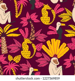 Seamless Tropical Pattern with Cute Animals - Leopard, Monkey and Toucan in Doodle Style.