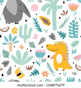 Seamless tropical pattern with cute elephant and crocodile and jungle plants in cartoon style. Vector illustration for children.