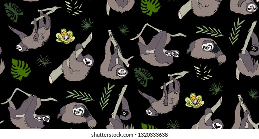 Seamless tropical pattern with cute and funny sloths, trees and flowers. Hand drawn backdrop. Black background vector.