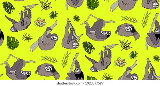 Seamless tropical pattern with cute and funny sloths, trees and flowers. Hand drawn backdrop. Yellow background vector.