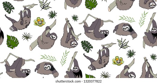 Seamless tropical pattern with cute and funny sloths, trees and flowers. Hand drawn backdrop. White background vector.