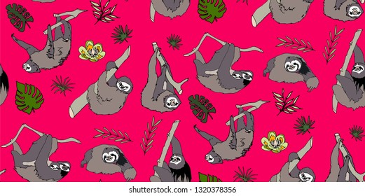 Seamless tropical pattern with cute and funny sloths, trees and flowers. Hand drawn backdrop. Pink background vector.