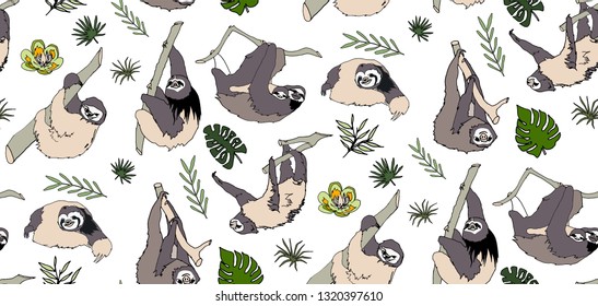 Seamless tropical pattern with cute and funny sloths, trees, leafs and flowers. Hand drawn backdrop. White background vector.