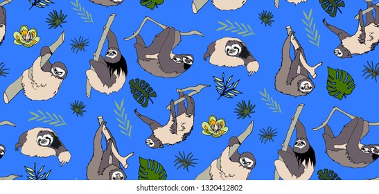 Seamless tropical pattern with cute and funny sloths, trees and flowers. Hand drawn backdrop. Blue background vector.