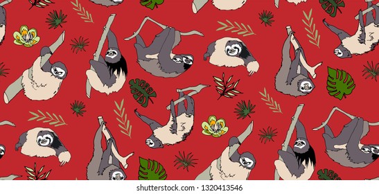 Seamless tropical pattern with cute and funny sloths, trees and flowers. Hand drawn backdrop. Red background vector.