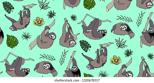 Seamless tropical pattern with cute and funny sloths, trees and flowers. Hand drawn backdrop. Green background vector.