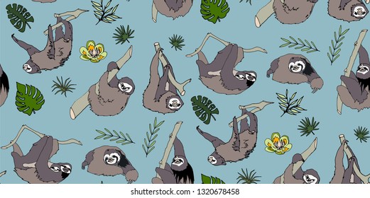 Seamless tropical pattern with cute and funny sloths, trees and flowers. Hand drawn backdrop. Grey background vector.