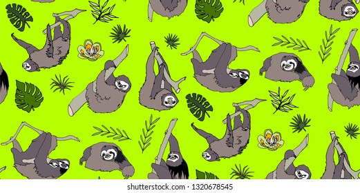 Seamless tropical pattern with cute and funny sloths, trees and flowers. Hand drawn backdrop. Green background vector.