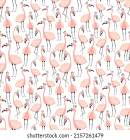 Patrón tropical sin foco con lindos flamencos rosados en la corona. Ilustración de un flamingo para niños, antecedentes, textiles, regalos, ropa, vivero, ducha de bebé, cumpleaños