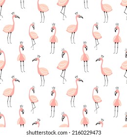 Seamless tropical pattern with cute pink flamingos. Vector summer hand-drawn illustration of a flamingo for children, decor, background, textiles, gifts, paper, clothes, nursery, baby shower, birthday