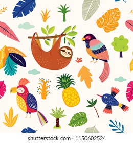 Seamless tropical pattern with cute sloth, parrots and tropical leaves